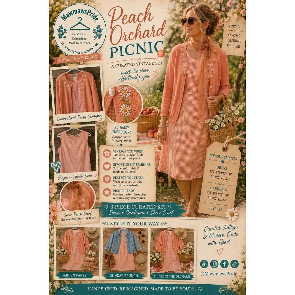L.L. Bean Vintage Y2K Gingham Dress Cardigan Scarf Set Peach Embroidered XL